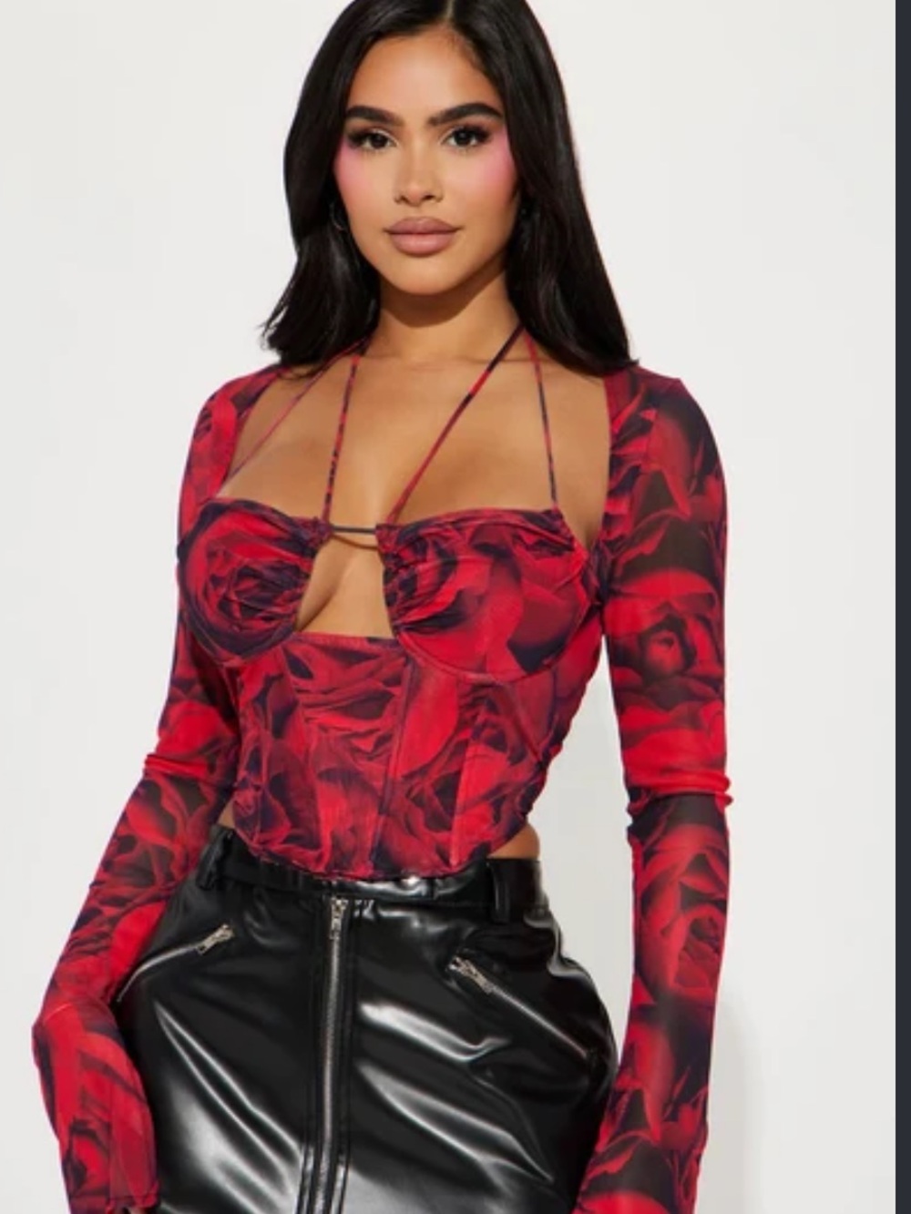 Fashion Nova Red Floral Mesh Corset Top